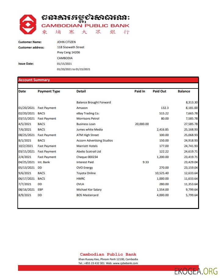 Cambodge Relevé de la banque publique cambodgienne modèle facile à remplir au format Excel et PDF